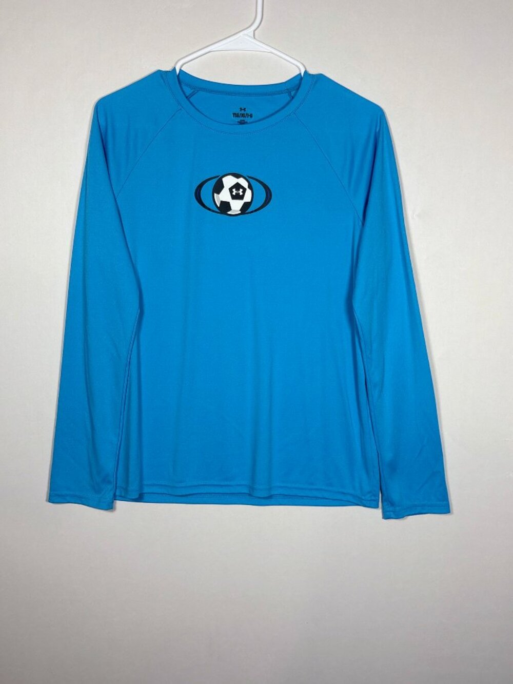 Under Armour Blue Long Sleeve Soccer Graphic Tech Shirt Loose Fit Boys Size YLG